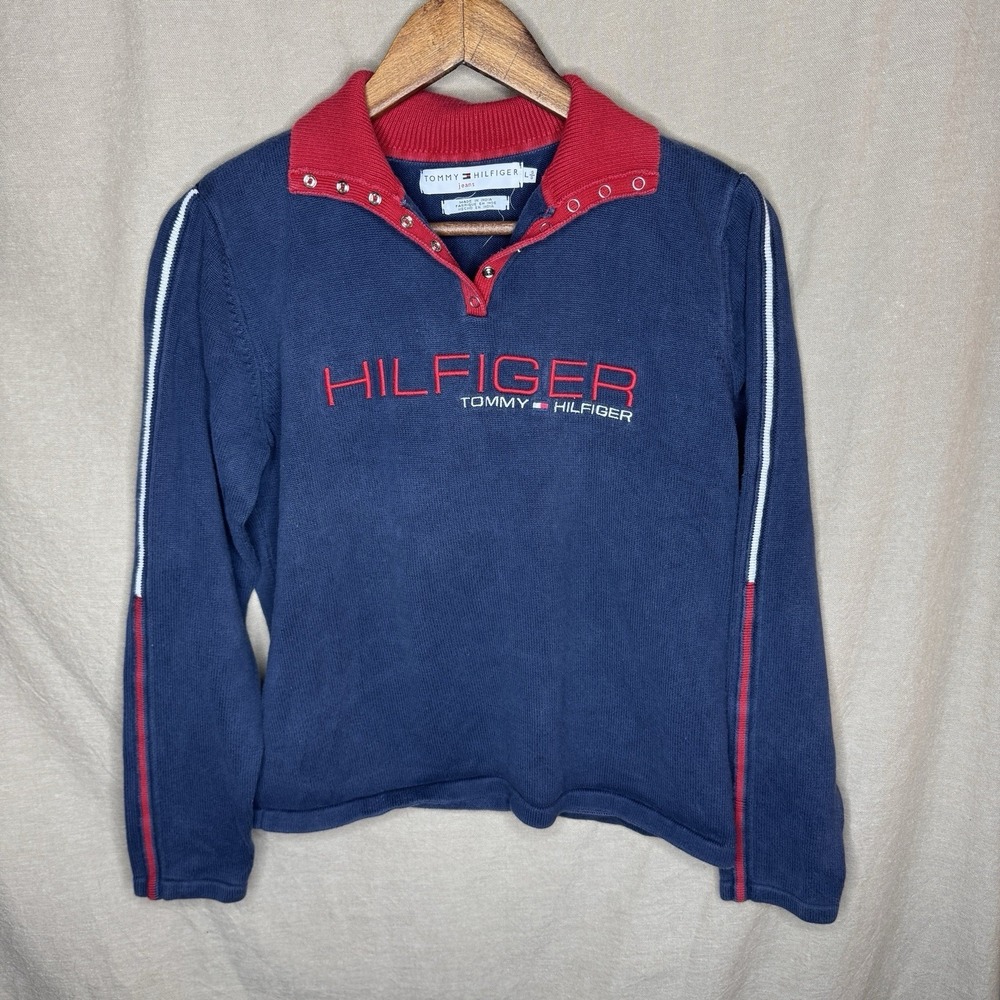 Tommy Hilfiger Jeans Spell Out Embroidered L Blue Long Sleeve Sweater Vintage